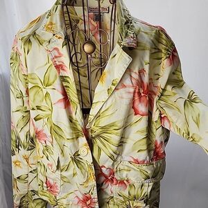 Tropical Floral & Palm Jacket/Blazer Size L Vintage Jamaica Bay